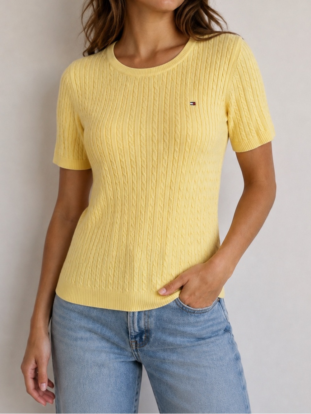 Tommy Hilfiger Butter Yellow Soft Cable Knit Short Sleeve Top Sweater Preppy